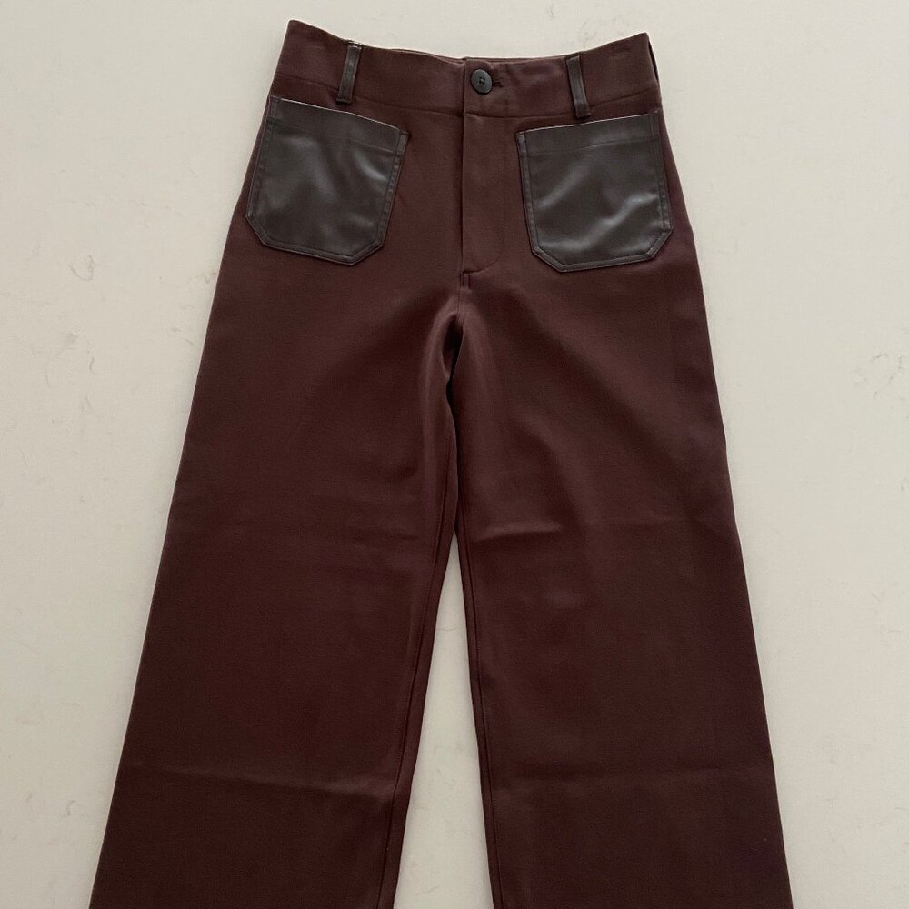 MAEVE The Colette Standard Cropped Wide-Leg Brown Pants With Faux-Leather Pocket